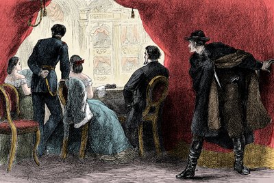 اغتيال أبراهام لنكولن بواسطة جون ويلكس بوث في مسرح فورد في واشنطن العاصمة 14 أبريل 1865 - اغتيال الرئيس أبراهام لنكولن (1809-1865) 14 أبريل بواسطة فنان غير معروف