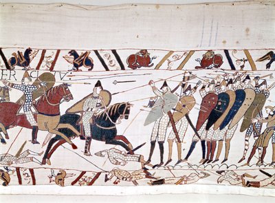 معركة هاستينغز ، التي انتصر فيها ويليام الأول الفاتح (1027-1087) في 14/10/1066 والتي توفي خلالها الملك هارولد الثاني ملك إنجلترا (1022-1066). نسيج بايو ، المعروف بتطريز الملكة ماتيلد بواسطة فنان غير معروف