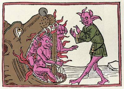 بروكسس بيليال: "عودة الشيطان البليالي إلى مدخل العالم السفلي" نقش من "The Belial Proces" لجاكوبوس دي تيرامو (أو بالادينو) ، أوسبورغ بواسطة فنان غير معروف