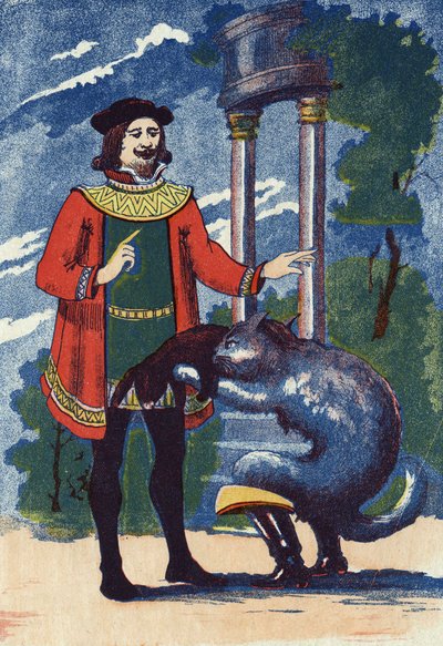 يقدم Boot Cat أرنبًا للملك. رسم توضيحي لـ "Le chat Botte" "، حكاية تشارلز بيرولت (1628-1703) ، كاتب فرنسي. توضيح مجهول. الصور مارسيل فاني ، جارفيل نانسي ، بدون تاريخ (أواخر القرن التاسع عشر). بواسطة فنان غير معروف