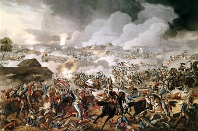 انتصر الجيش البريطاني بقيادة دوق ولينغتون (1769-1852) في معركة واترلو ضد القوات الفرنسية لنابليون الأول في 18/06/1815. نقش الفترة. بواسطة فنان غير معروف