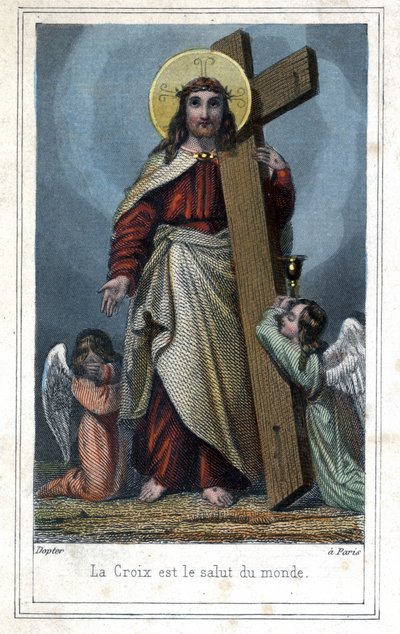 الصليب هو خلاص العالم. صور شائعة عن المسيح يحمل الصليب. يقف ملاكان بجانبه. حوالي عام 1850. بواسطة فنان غير معروف