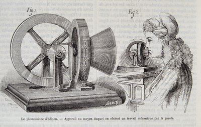 مقياس فونومتر Edison - الجهاز الذي بواسطته يتم الحصول على عمل ميكانيكي عن طريق الكلام في "الطبيعة" 1878. بواسطة فنان غير معروف