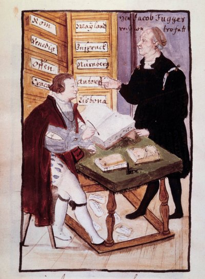 المصرفي الألماني جاكوب فوغر (1459-1525) في مكتبه (Goldene Schreibstube) مع محاسبه الألماني ماتيوس شوارتز (1497 - حوالي 1574) لوحة مائية من القرن السادس عشر. BN ، باريس بواسطة فنان غير معروف
