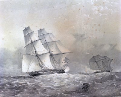 سفينة HMS Acorn المكونة من 16 بندقية تطارد Negrier Gabriel بواسطة فنان غير معروف