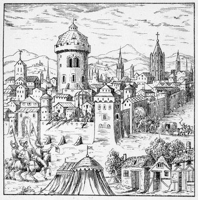 The Huguenots at Amboise حيث كان الملك فرانسوا الثاني (Conjuration of Amboise) - في "" مجموعة من 39 شخصية تمثل نكبات فرنسا من 1562 إلى 1586 "" ؛ مطبعة لويس بيرين بواسطة فنان غير معروف