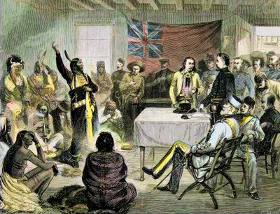 الحرب الهندية في الولايات المتحدة - مجلس "الثور الجالس" مع Sitting Bull and Buffalo Bill في Fort Walsh ، الأراضي البريطانية ، أكتوبر 1877 - Sitting Bull and Buffalo Bill: Sitting Bull Council at Fort Walsh، British Territory، أثناء الحرب مع بواسطة فنان غير معروف