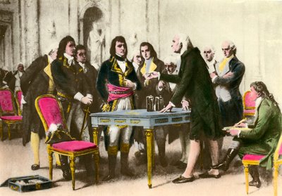 يقدم الفيزيائي الإيطالي أليساندرو (ألكسندر) فولتا (1745-1827) كومة له إلى نابليون بونابرت. 1801 مجموعة خاصة بواسطة فنان غير معروف