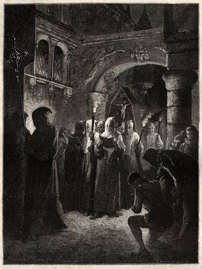 ملك فرنسا هنري الثالث (1551-1589) يرتدي بدلة تائب بيضاء "" موكب الحلويات الذي أقامه الملك في 23/03/1585 (ملك فرنسا هنري الثالث في موكب تائب أبيض) بواسطة فنان غير معروف