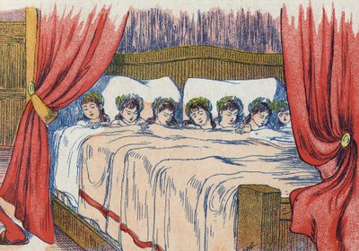 ينام الإبهام الصغير وإخوته ويتوج في رأسه. رسم توضيحي لـ "Le Pepetit poucet" ، حكاية تشارلز بيرولت (1628-1703) ، الكاتب الفرنسي. توضيح مجهول. الصور مارسيل فاني ، جارفيل نانسي ، بدون تاريخ (أواخر القرن التاسع عشر). بواسطة فنان غير معروف