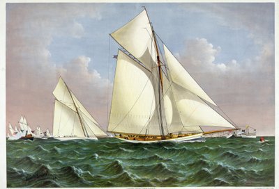 يتم الترحيب بـ Mayflower ، وهو مركب شراعي فاز بجائزة كأس أمريكا ، من قبل الأسطول في خليج نيويورك. 07/09/1886 طباعة حجرية من القرن التاسع عشر بواسطة فنان غير معروف