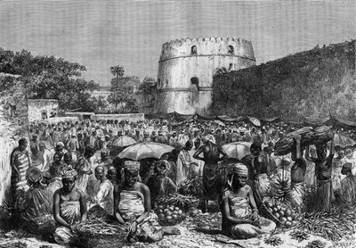 The Place du Marche في زنجبار في القرن التاسع عشر في "مجلة الشباب" لعام 1888. بواسطة فنان غير معروف