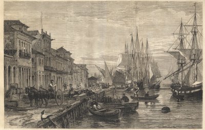 رصيف بوا فيستا ، في سان بيدرو في ريو غراندي دو سول ، إلى ميناء البرازيل - Le quai of Belle-Vue ، إلى سان بيدرو في ريو غراندي (البرازيل) - قبطان ساو بيدرو في ريو غراندي دو سول - نقش من " "الكون المصور" 1866 بواسطة فنان غير معروف