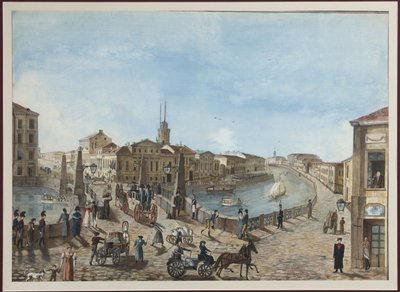 الجسر الأحمر عبر نهر مويكا في سانت بطرسبرغ - مجهول. ألوان مائية ولون أبيض على ورق بواسطة فنان غير معروف