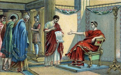 أنشأ الإمبراطور الروماني قسطنطين (272-337) القوانين الدينية الأولى المتعلقة بالمساواة في المعتقدات. الطباعة الحجرية الملونة في أواخر القرن التاسع عشر. بواسطة فنان غير معروف
