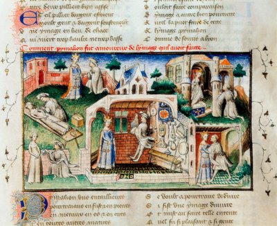 "" رومان الوردة ":" كيف وقع بيجماليون في حب التمثال الذي صنعه "". صورة مصغرة من القرن الرابع عشر. مكتبة جامعة فالنسيا. بواسطة فنان غير معروف