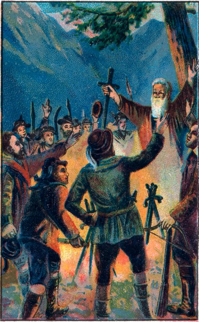 Rutlischwur (قسم Rutli) - القسم الأسطوري للكونفدرالية السويسرية القديمة - الاتحاد السويسري الثلاثة يقسم الولاء لـ Ruetli - Le Oath du Grutli (Rutlischwur) (Patto del Grutli) أسس أسطورة سويسرا في 1307 Chromolithography of the end بواسطة فنان غير معروف