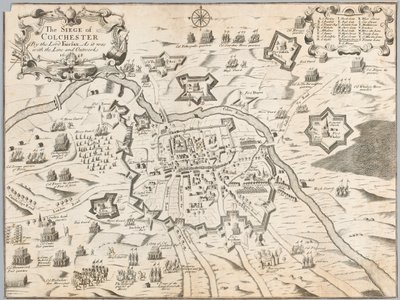 حصار كولشيستر من قبل اللورد فيرفاكس ، كما كان مع الخط والأوتوركس 1648 (نقش) بواسطة فنان غير معروف