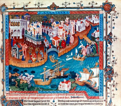 غادر المستكشف الفينيسي ماركو بولو مدينة البندقية مع والده وعمه عام 1271: توجه إلى الشرق الأقصى واتخذ طريق الحرير المصغر. بواسطة فنان غير معروف