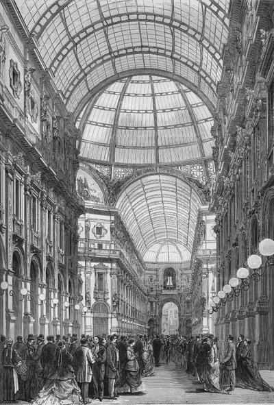 معرض فيكتور عمانويل (فيكتور إيمانويل) في ميلانو عام 1867. (جاليريا فيتوريو إيمانويل). نقش من عام 1867. بواسطة فنان غير معروف