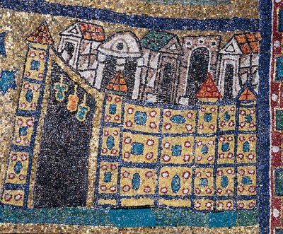 رؤية القدس السماوية: تفاصيل القدس ممثلة في اقتباس محصن. فسيفساء حوالي عام 830. قوس النصر في كنيسة سانتا براسيدي ، روما بواسطة فنان غير معروف