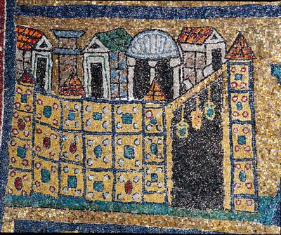 رؤية القدس السماوية: تفاصيل القدس ممثلة في اقتباس محصن. فسيفساء حوالي عام 830. قوس النصر في كنيسة سانتا براسيدي ، روما بواسطة فنان غير معروف