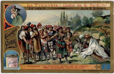 الفصل الثاني المشهد 1. رسم توضيحي لأوبرا "البحث" (Il trovatore) لجوزيبي فيردي (1813-1901). Chromolithography (Chromo) Liebig من نهاية القرن التاسع عشر. بواسطة فنان غير معروف