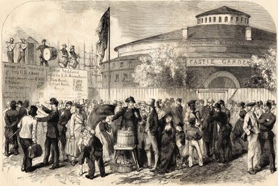 وصول المهاجرين إلى نيويورك في أبريل 1865. رسم للسيد شانلي. نقش القرن التاسع عشر. بواسطة فنان غير معروف