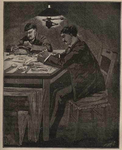 فن الجواهري: نقش الصدفة (الصدفة). نقش من عام 1885 في "" Les Arts et metiers Illustres "" لأدولف بيتارد. بواسطة فنان غير معروف