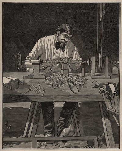 فن المخرطة: تشكيل عمود الجذع. نقش من عام 1885 في "" Les Arts et metiers Illustres "" لأدولف بيتارد. بواسطة فنان غير معروف