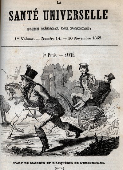 فن فقدان الوزن وزيادة الوزن: رجل يمشي بينما يتم نقل آخر في عربة - نقش في "La Sante Universelle - Guide Medical des Familles" "1852 بواسطة فنان غير معروف