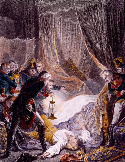 اغتيال بول بتروفيتش (1754-1801) القيصر الروسي في غرفته بقصر سان ميخائيل بعد إجباره على التوقيع على تنازله عن العرش. نقش حوالي عام 1801. مجموعة خاصة بواسطة فنان غير معروف