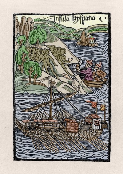 النباح في هيسبانيولا لكريستوفر كولومبوس (1451-1506). نقش من "" De insulis in mare Indico super Inventis "" ، بايل 1493-1494 (الترجمة اللاتينية لتقرير كولومبوس إلى ملك إسبانيا). بواسطة فنان غير معروف