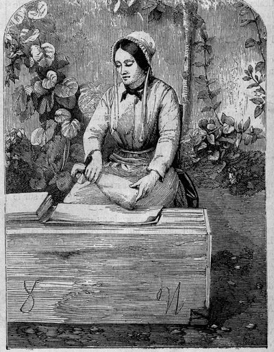 تعبئة نبيذ الشمبانيا في زجاجات. نقش من عام 1864. بواسطة فنان غير معروف
