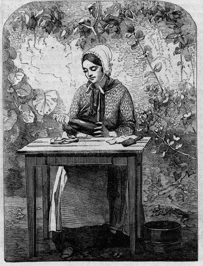 تعبئة نبيذ الشمبانيا في زجاجات. نقش من عام 1864. بواسطة فنان غير معروف