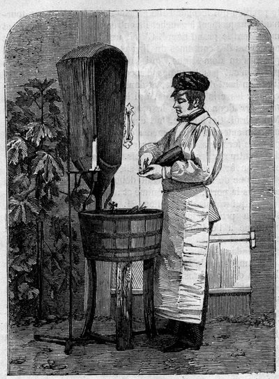 تعبئة نبيذ الشمبانيا في زجاجات. نقش من عام 1864. بواسطة فنان غير معروف