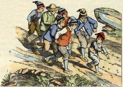 يتبع الأخوان بولت الصغير الذي زرع الحصى البيضاء في الطريق. رسم توضيحي لحكاية "Le Pepetit Poucet" للكاتب تشارلز بيرولت بواسطة فنان غير معروف