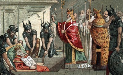 دفن شارلمان عام 814 في كاتدرائية آخن بألمانيا. الطباعة الحجرية الملونة في أواخر القرن التاسع عشر. بواسطة فنان غير معروف