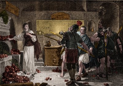 تم استخدام سراديب الموتى في روما لدفن الشهداء المسيحيين في القرن الأول دون مواجهة أي عقبات من الرومان. حوالي عام 257 ، في عهد الإمبراطور فاليريان ، بدأ اضطهاد الموتى وتم تعقب العديد من المسيحيين ومطاردتهم. بواسطة فنان غير معروف