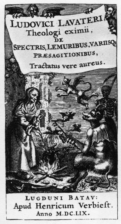 مرجل الساحرة - Frontispice of the book "" De Spectris lemuribus et magnis "" بقلم لودفيج لافاتير (1527-1586) - 1659 بواسطة فنان غير معروف