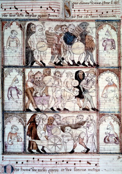 الاحتفال Charivari لحضور حفل زفاف Fauvel. موكب الموسيقيين والمتخنثين. صورة مصغرة من مخطوطة "Le roman de fauvel" بقلم جيرفيه دو باص (Gerves du Bus) بواسطة فنان غير معروف