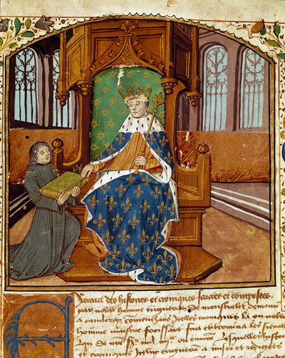 يتبرع كاتب العمود Enguerrand de Monstrelet (1400-1453) بكتابه للملك تشارلز السابع (1403-1467) منمنمات من "Chronicles d