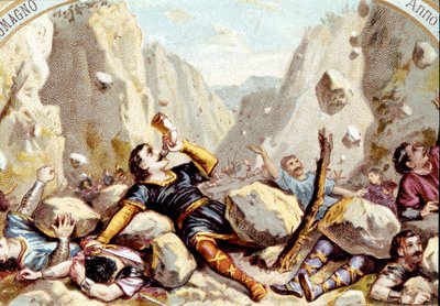 وفاة فارس رولاند ، ابن شقيق شارلمان ، في معركة رونسيفو ، 778. الطباعة الحجرية الملونة في عام 1900. بواسطة فنان غير معروف