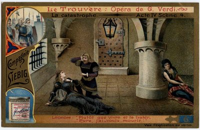 مشهد الكارثة الرابع 4. رسم توضيحي لأوبرا "البحث" (Il trovatore) لجوزيبي فيردي (1813-1901). Chromolithography (Chromo) Liebig من نهاية القرن التاسع عشر. بواسطة فنان غير معروف
