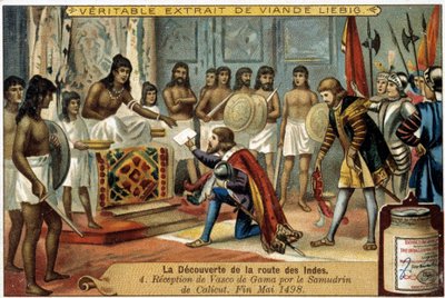 اكتشاف مسار جزر الهند: استقبال Samudrin of Calicut ل Vasco da Gama ، نهاية مايو 1498 - إعلان المقالة القصيرة Liébig بواسطة فنان غير معروف