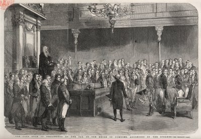 يقف دوق ويلينجتون (آرثر ويليسلي (1769-1852) (دوق ويلينجتون) في حانة مجلس العموم لتلقي تهنئة رئيس مجلس النواب بفوزه في فيميرو ، حرب شبه الجزيرة بواسطة فنان غير معروف