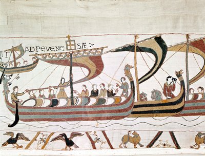 أسطول ويليام الأول الفاتح (1027-1087) في طريقه إلى إنجلترا - نسيج بايو ، المعروف باسم تطريز الملكة ماتيلد بواسطة فنان غير معروف