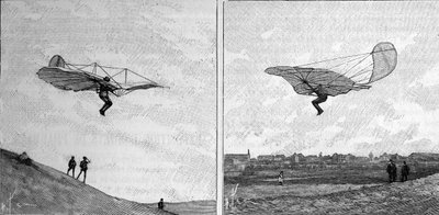 الطائرة الطائرة أوتو ليلينثال (1848-1896) ، رائد الطيران الألماني ، في موقعين مختلفين (من صورة فورية). نقش في "" La Nature: revue des sciences et de leurs applications aux Arts et a l'industrie "" بتاريخ ٣ فبراير ١٨٩٤. بواسطة فنان غير معروف