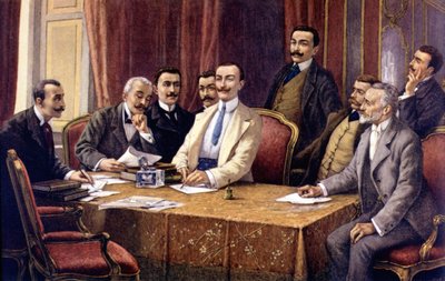 مؤسسو شركة فيات من قبل L.Deleani (1840 - 1908). من اليسار (جالسًا): الكونت بيسوميتي ، المحامي راكا ، الكونت بريشيراسو ، سيريانا ، جيوفاني أجنيلي ، المحامي سكارفيوتي ، فيريرو (واقفًا) لويجي داميفينو والمحامي جوريا جاتي. اس دي. أواخر القرن التاسع عشر بواسطة فنان غير معروف
