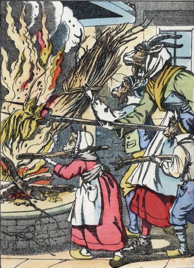 أشعلت الماعز والحلي النار في المدخنة. رسم توضيحي لحكاية "Compere le Loup، Maitre Renard، Comere la Chevre et ses petits biquets" "بعد حكاية جان دو لا فونتين. في "" حكايات من المنزل للصغار "". نقش مجهول بواسطة فنان غير معروف